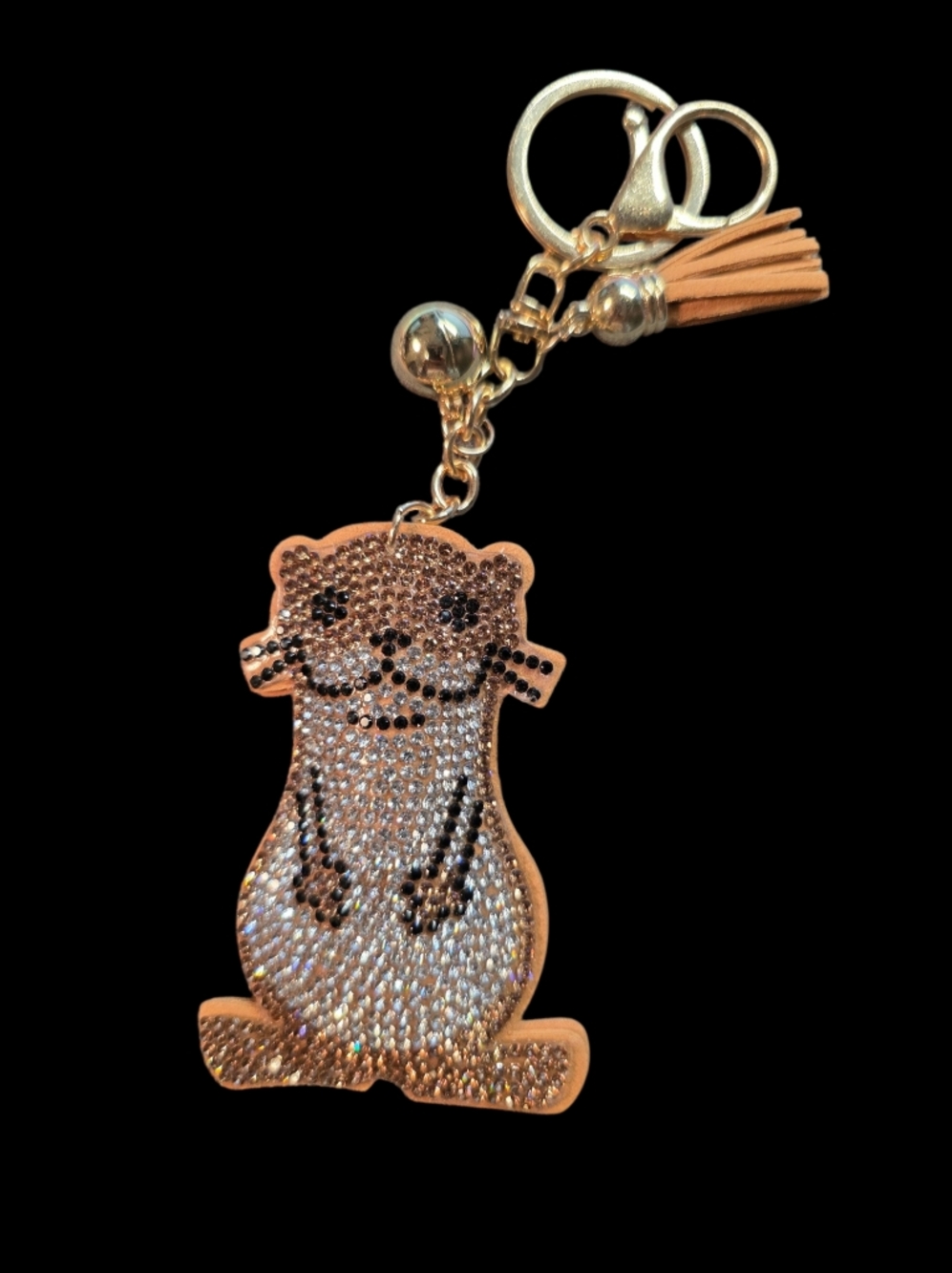 Crystal Studded Otter Bag Charm Keychain - Gold & Clear Rhinestones